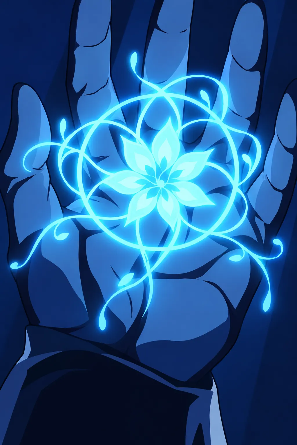 The glowing blue magic circle brightens above the palm, its flower pattern fully formed.