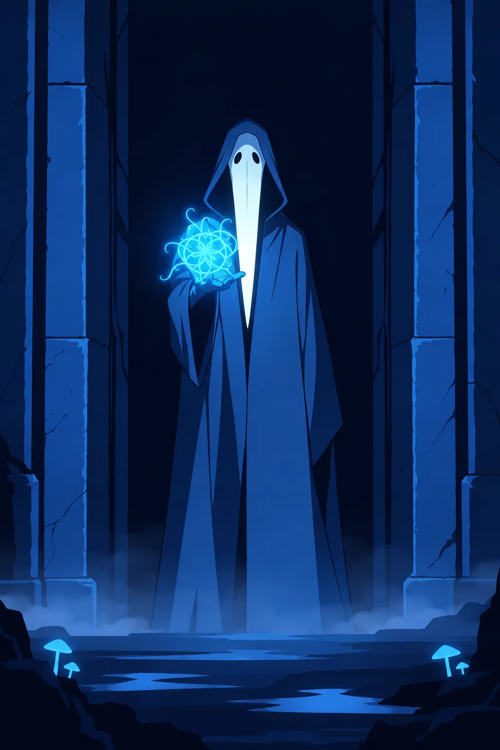 The hooded figure stands framed between the stone pillars, pale elongated mask-face facing the viewer.