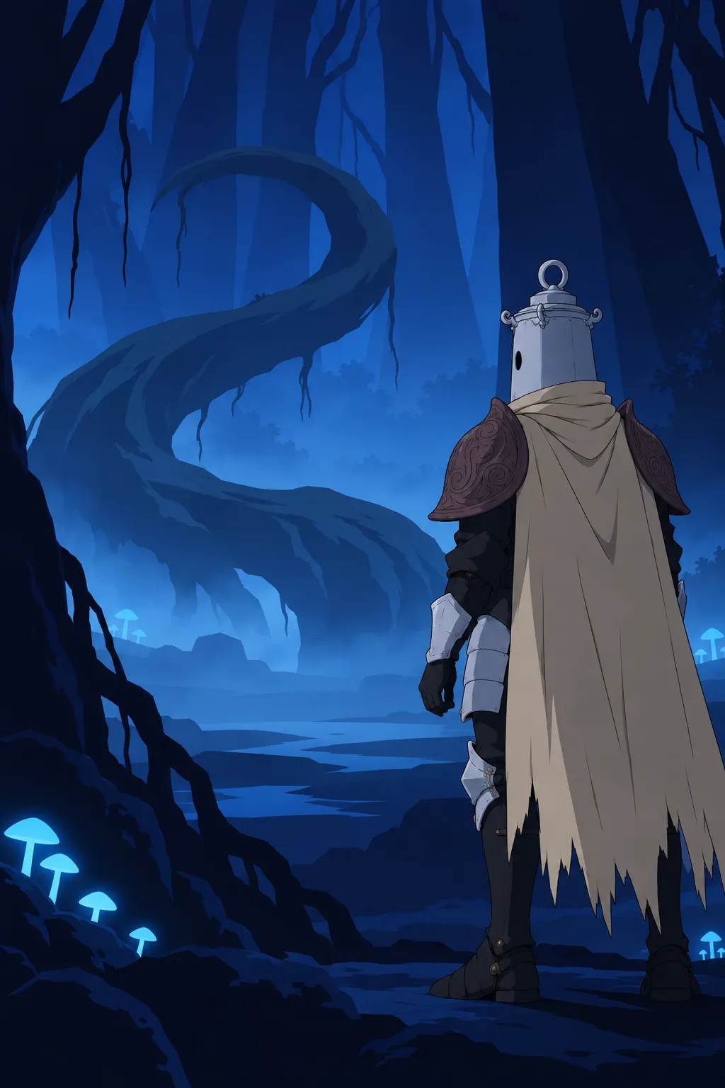 Lanterne stands at the edge of the blue forest, seen from behind and slightly to the side.