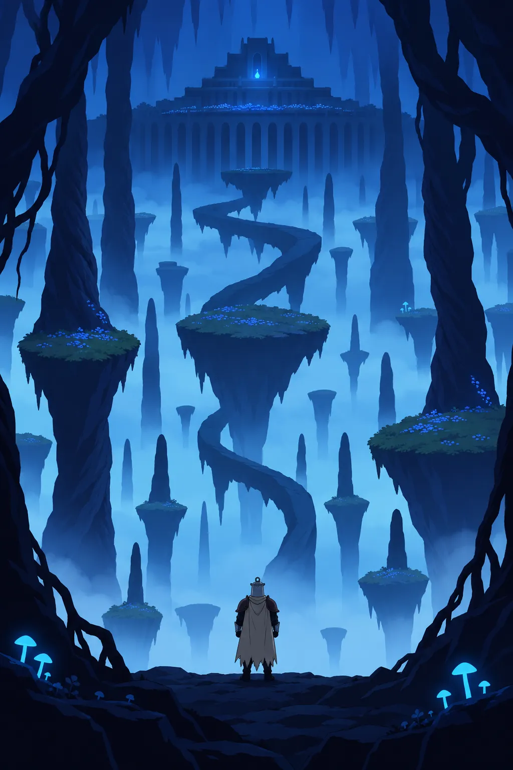 A vast vertical cavern opens before Lanterne, colossal black root-columns framing floating moss platforms and stone pinnacles suspended in…