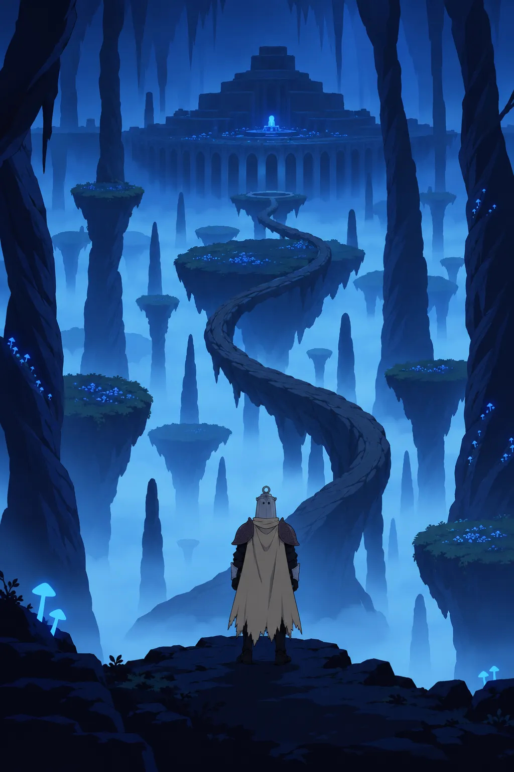 Lanterne stands on a stone ledge at the base of the great winding root bridge.