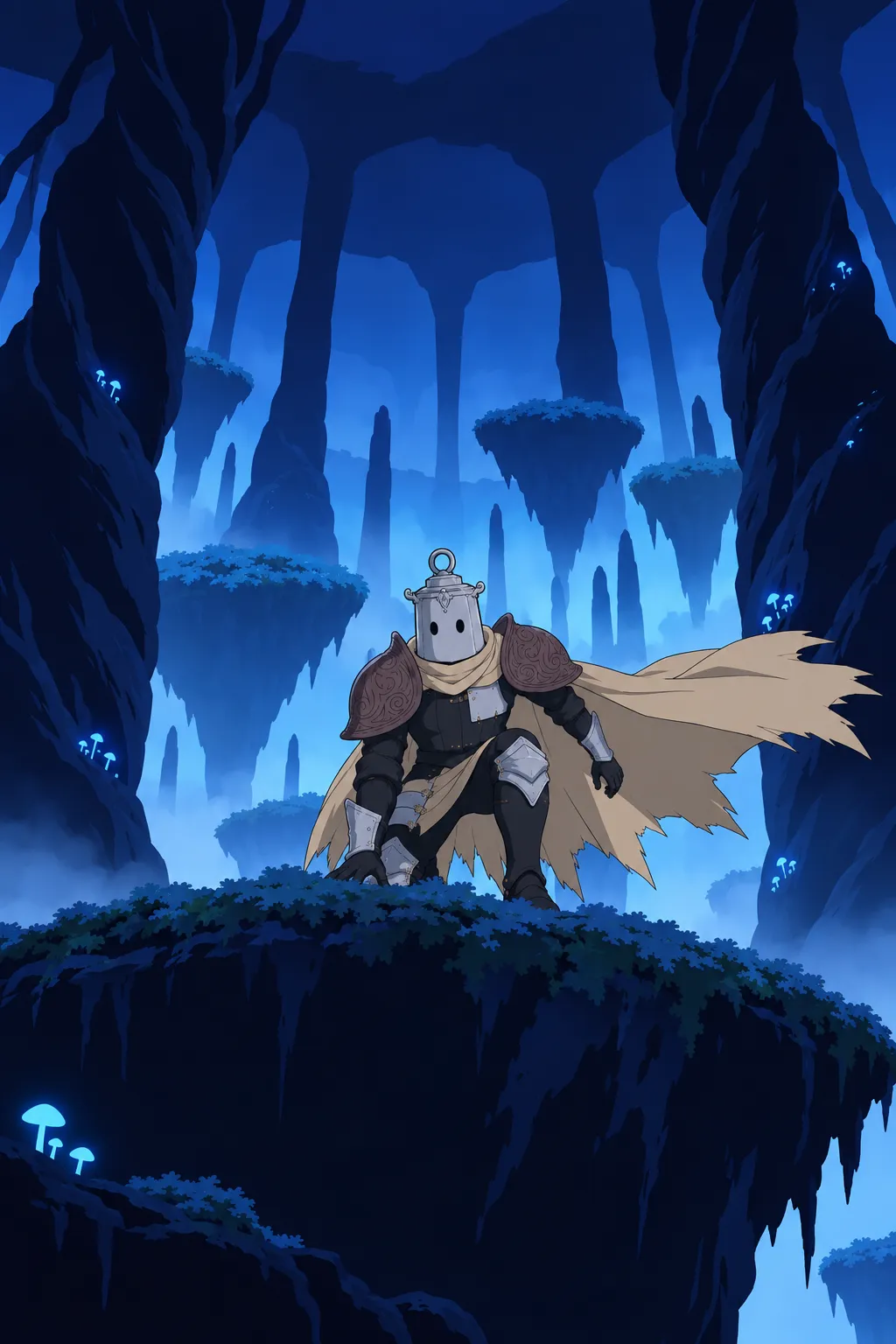 Lanterne lands hard on the mossy edge of a floating platform, his cape whipping around him in the wind of the fall.