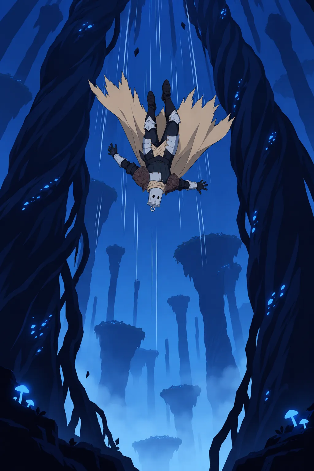 Lanterne plummets head-down through a narrow gap between two colossal twisted root columns.