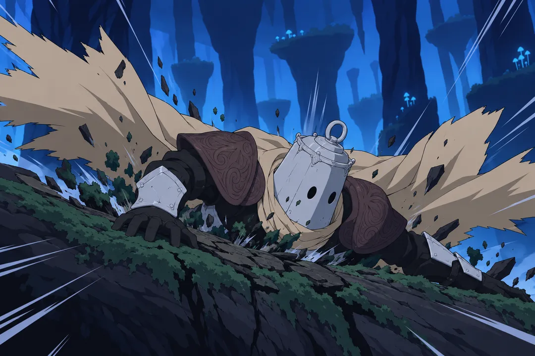 Extreme close-up on Lanterne's armored body slamming flat onto the mossy curved bark of the fallen log.
