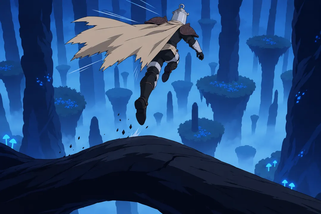 Only Lanterne's cape and legs are visible at the top of frame as he launches off the log's curved edge into the open air above the void.