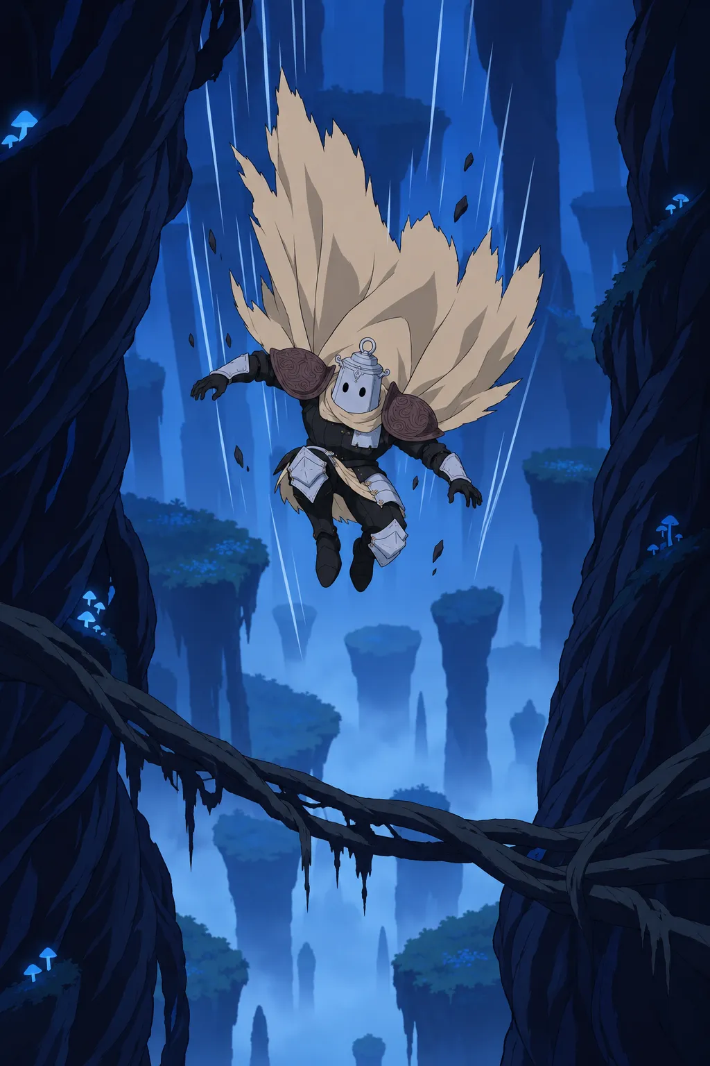 Lanterne falls between two massive twisted root columns, thick hanging vines stretched below him.