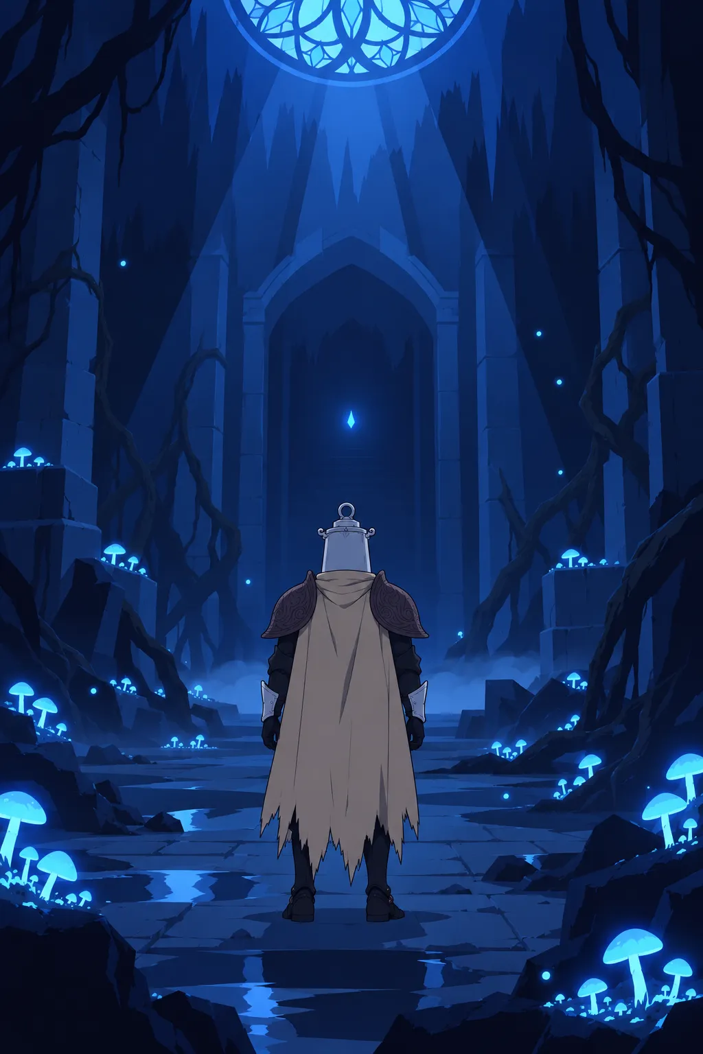 Lanterne stands with his back to camera in a mushroom grove before a stone archway.