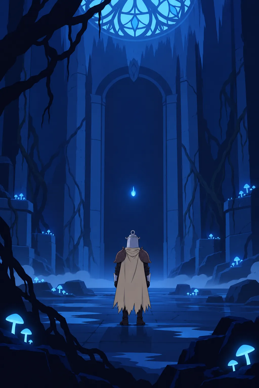 Lanterne stands facing the stone archway, a small flame-shaped blue light hovering above it in the distance.