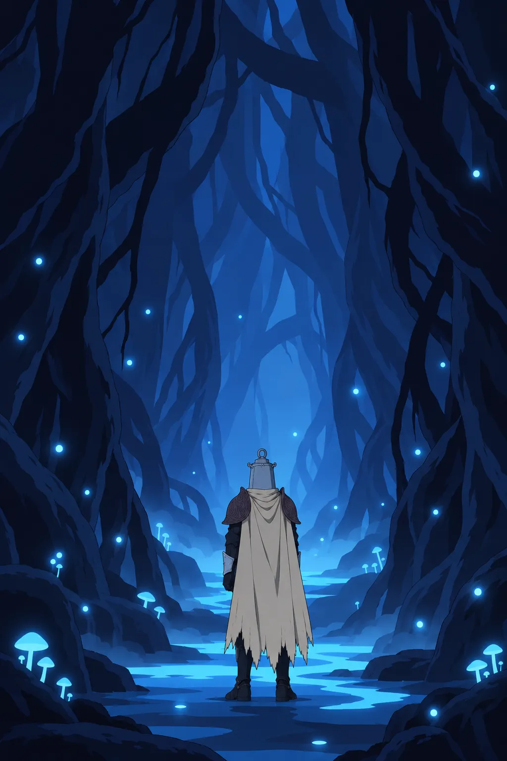 Lanterne stands motionless with his back to camera in a corridor of tangled dark roots.
