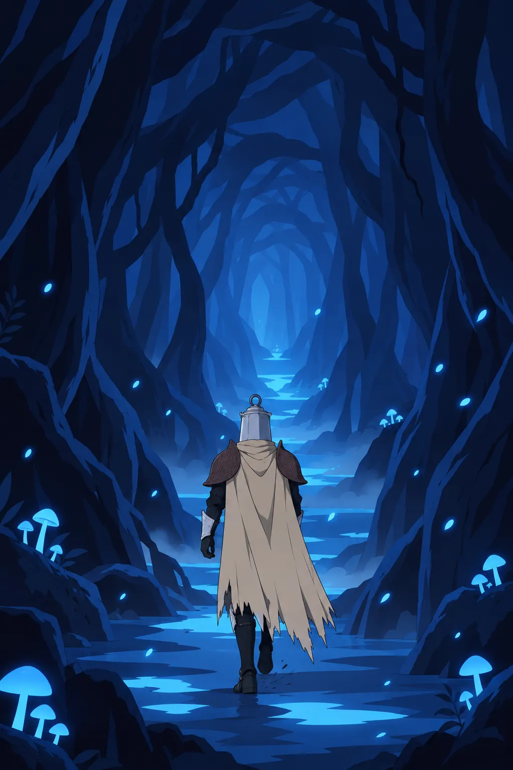 Lanterne walks forward through the root corridor, seen from behind, his cape trailing quietly as scattered blue motes drift past him.