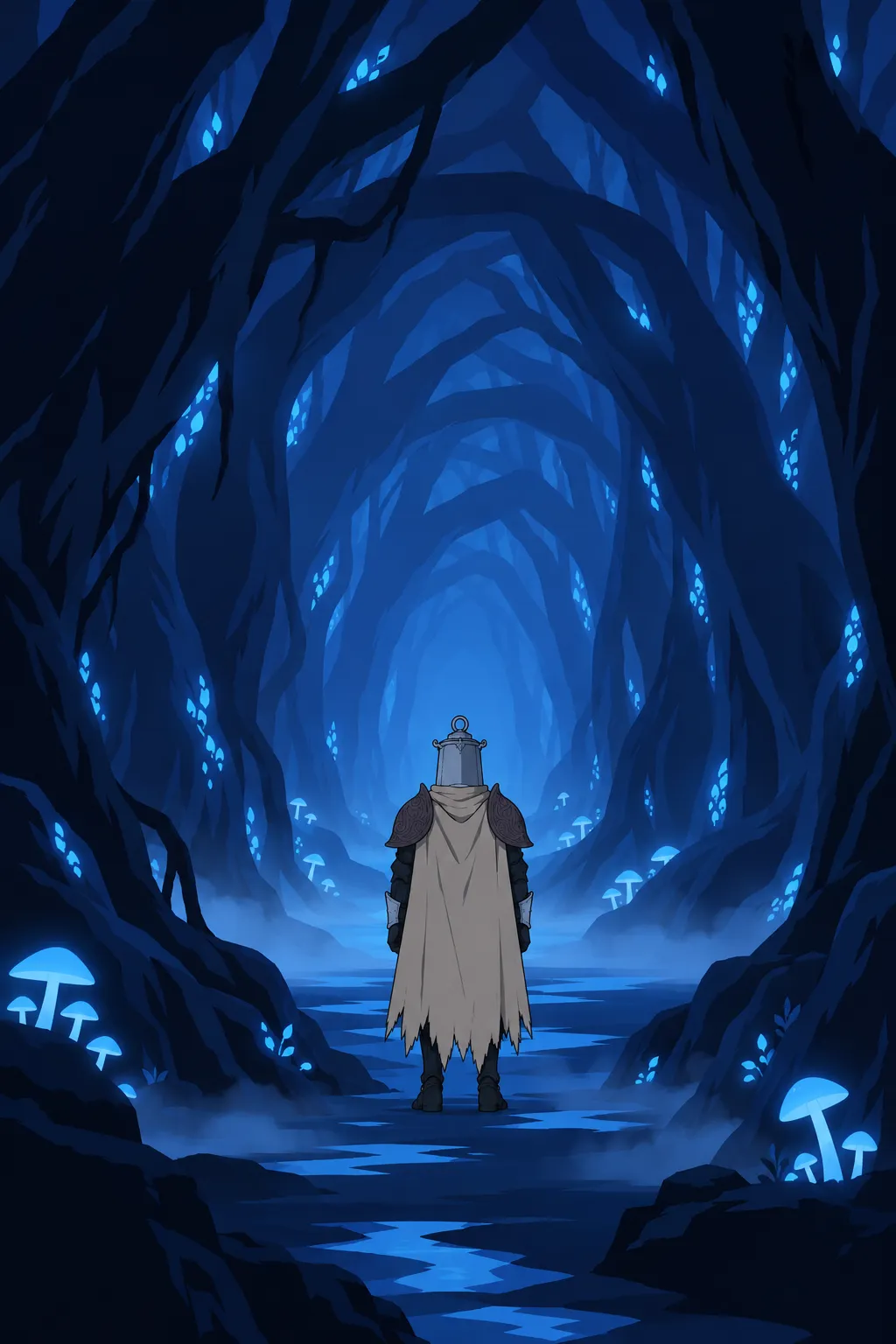 Lanterne stands still with his back to camera in a deep tunnel of arched glowing blue roots.