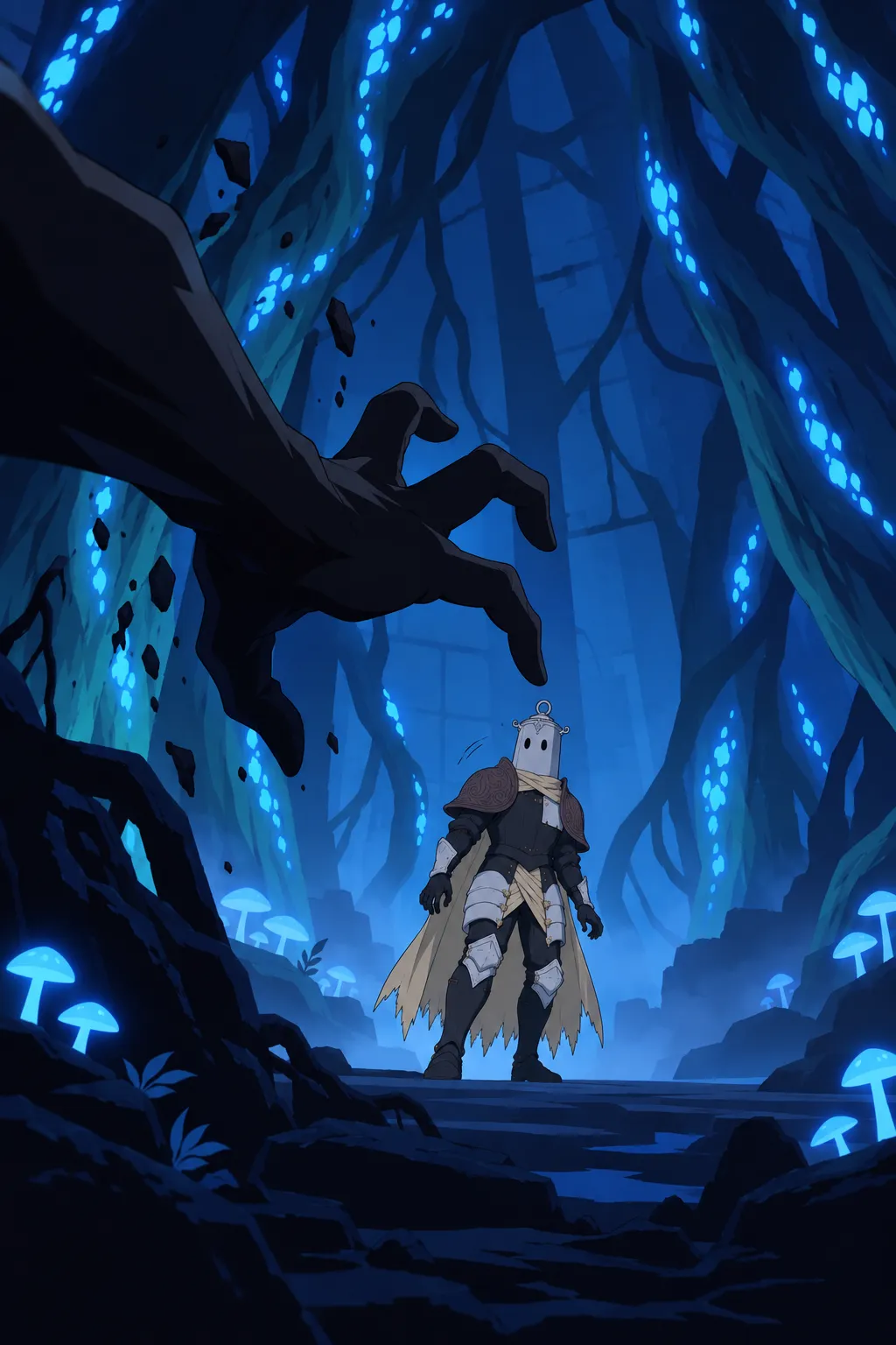 Wide low angle shot showing Lanterne small and centered in the glowing root tunnel while the full dark humanoid hand and forearm reach…