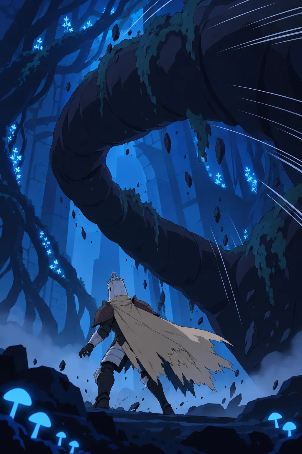 Tall low angle shot from behind Lanterne as the immense dark segmented limb fully curls in from the right.