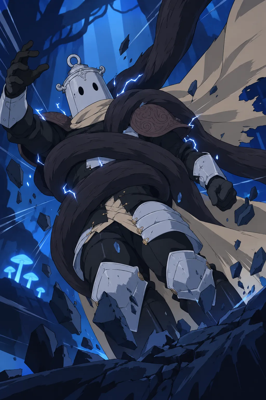 Extreme close up on the point of contact where the massive dark tendrils coil tightly around Lanterne's torso and shoulders.