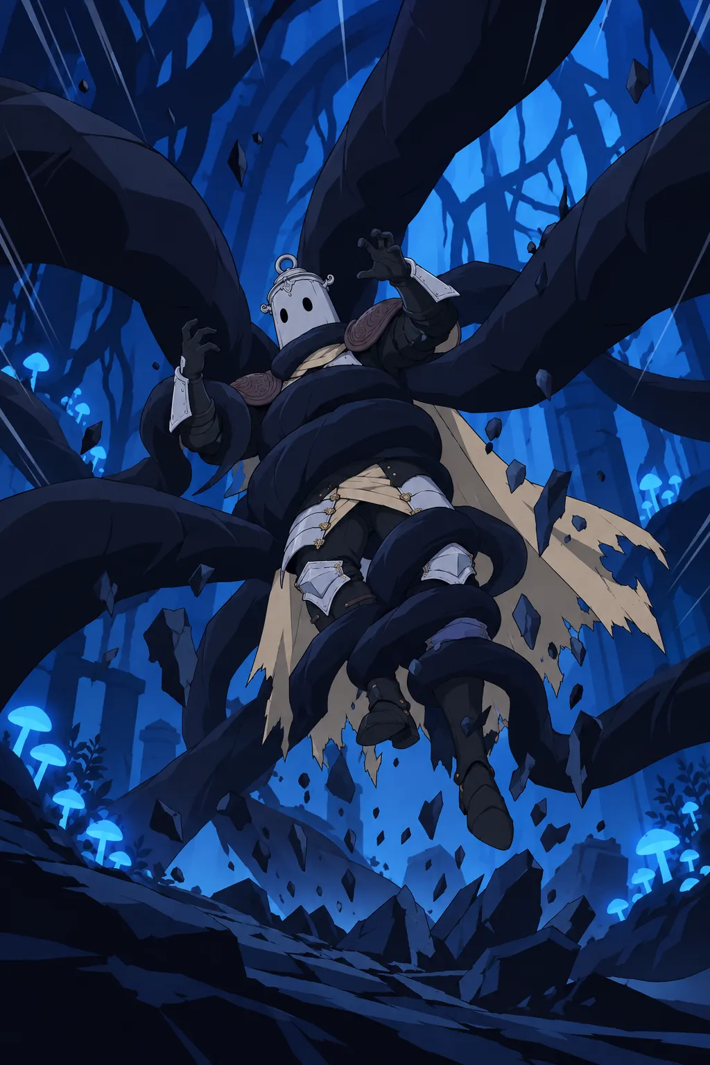 Wide shot of Lanterne engulfed by several massive dark segmented tendrils coiling around his whole body from behind.