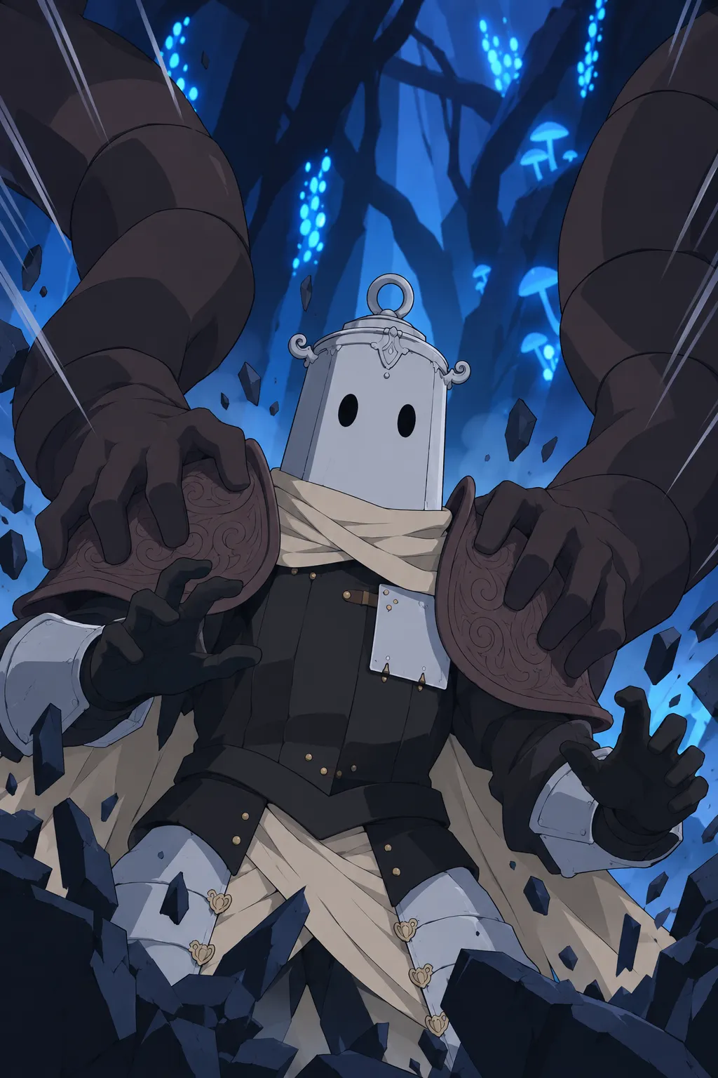 Close up on Lanterne's helmet and shoulders as two colossal dark segmented limbs close around his pauldrons from left and right.