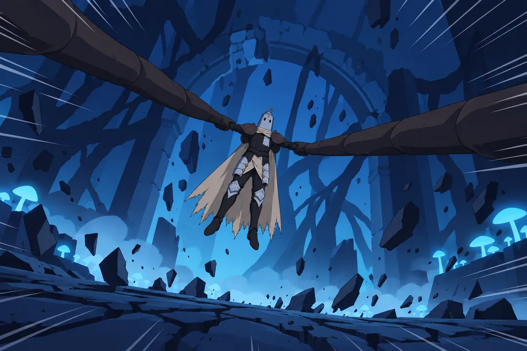 Wide shot from the front, Lanterne lifted off the ground, arms spread wide as the two colossal dark limbs stretch from him to both edges…