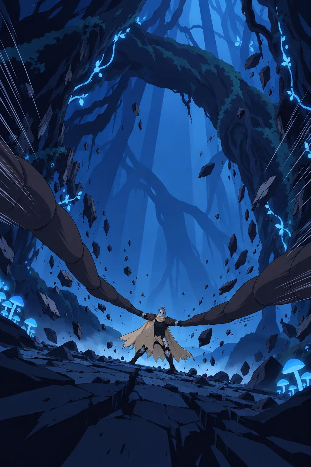 Very tall wide shot from behind Lanterne at true scale, the two colossal dark segmented limbs stretch from his arms to both edges of the…