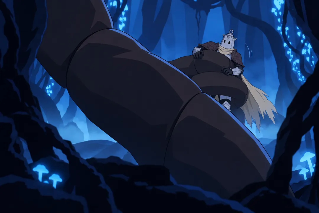 Extreme close up between black trunks on one thick segmented section of the dark limb.