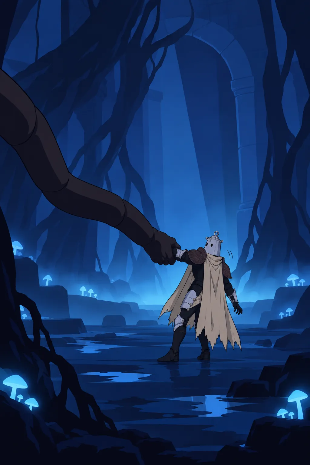 Seen from behind at a distance, Lanterne stands frozen, one arm pulled by a dark limb extending off to the left.