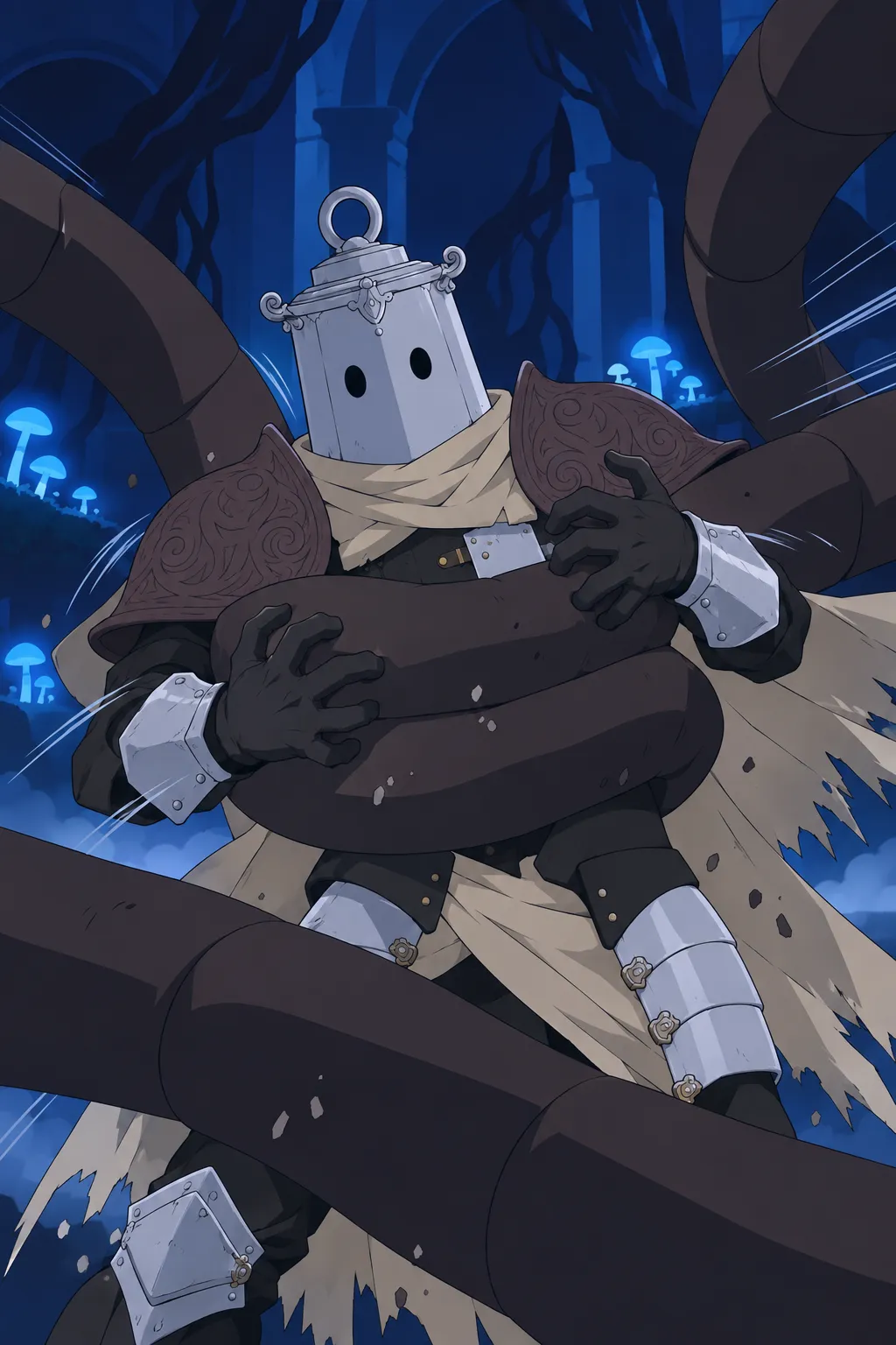 Medium close shot of Lanterne, his gauntleted hands moving toward the thick dark tendrils already coiled around his chest.