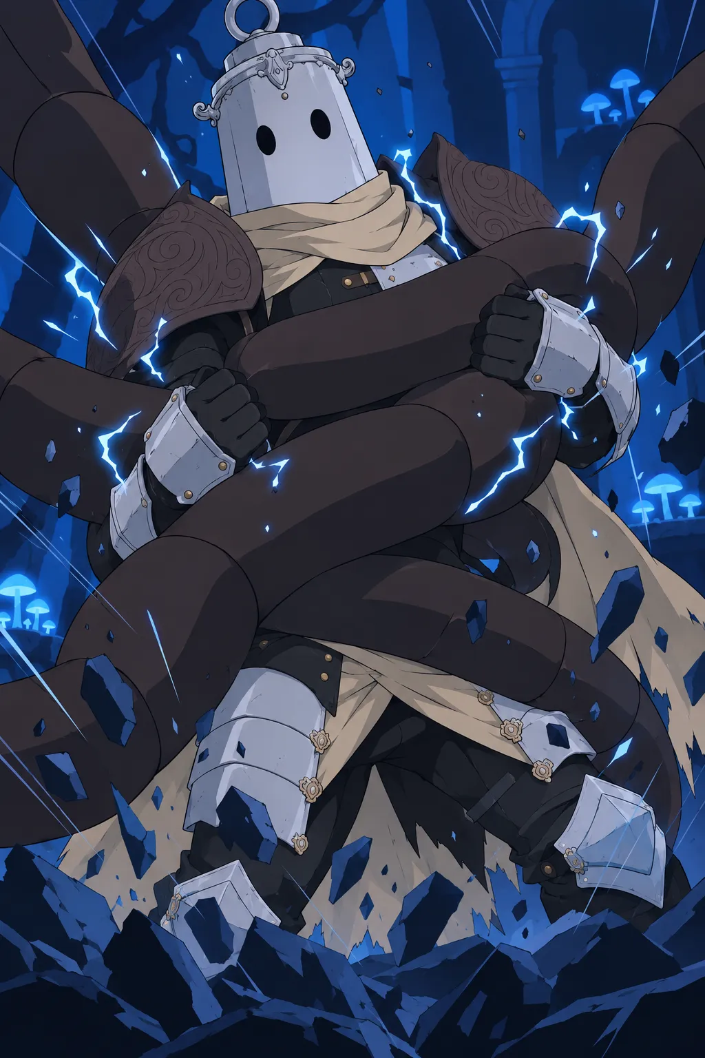 Close up on Lanterne's chest and both gauntlets now firmly gripping several thick dark segmented tendrils wrapped tightly around his torso…