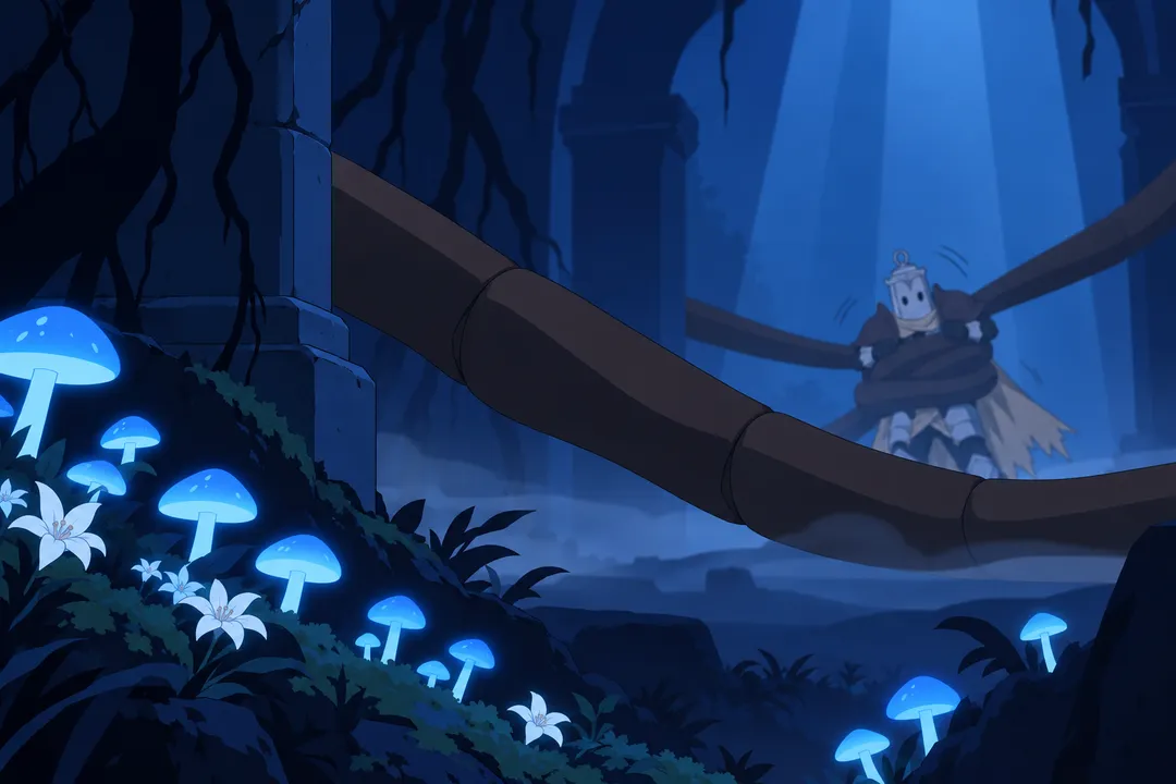 Detail shot of the glowing blue mushrooms and white flowers on the mossy ground beside a stone archway pillar.