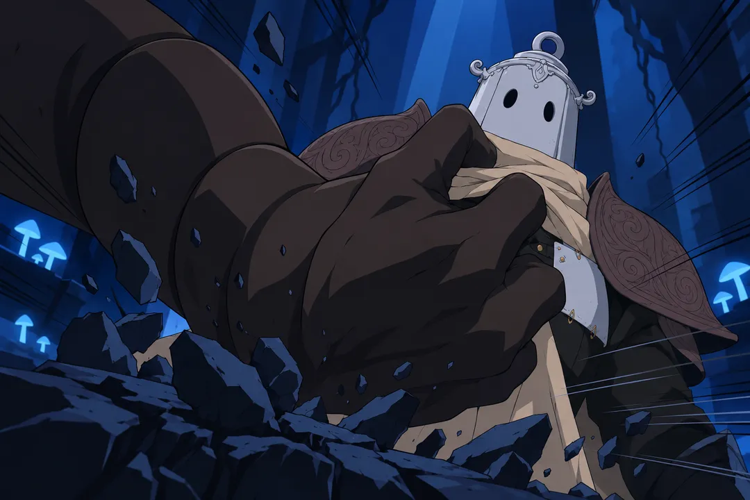 Extreme close up fragment shot: one massive clawed hand fills most of the foreground.