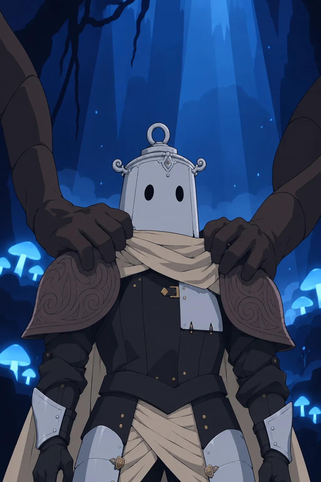 Medium close shot of Lanterne's helmet centered and still, dark eye holes facing slightly toward the unseen voice.