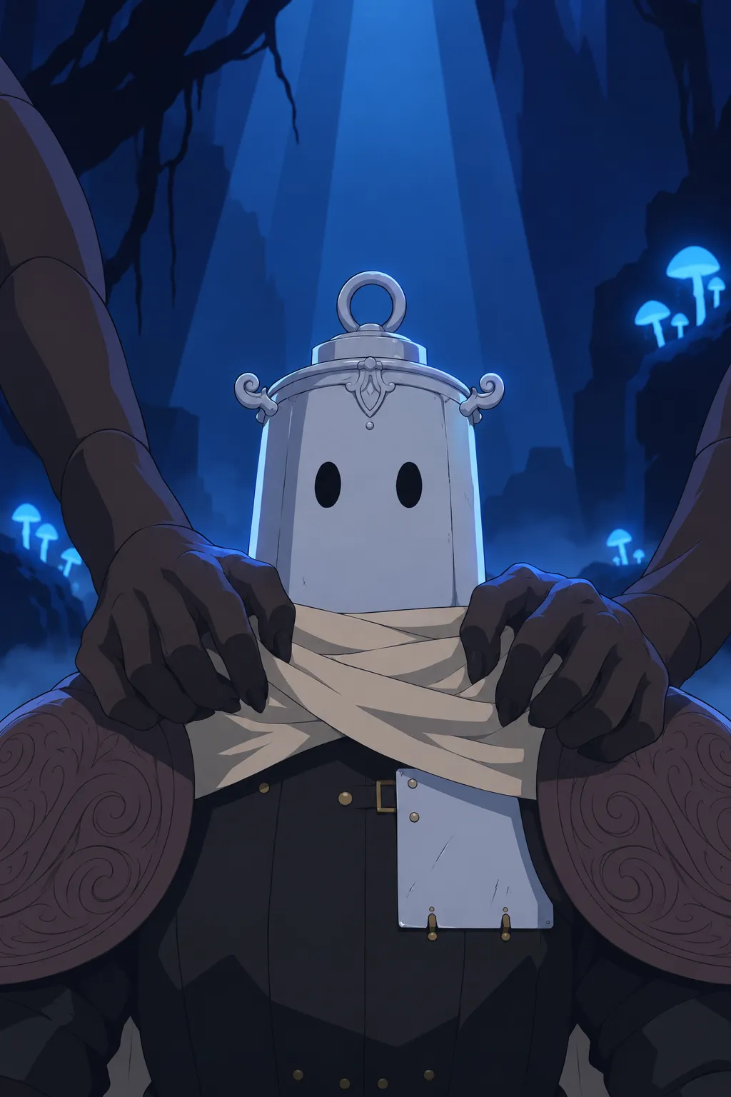 Close up straight-on shot, Lanterne's full helmet centered in frame, the two clawed hands gripping the scarf just below.