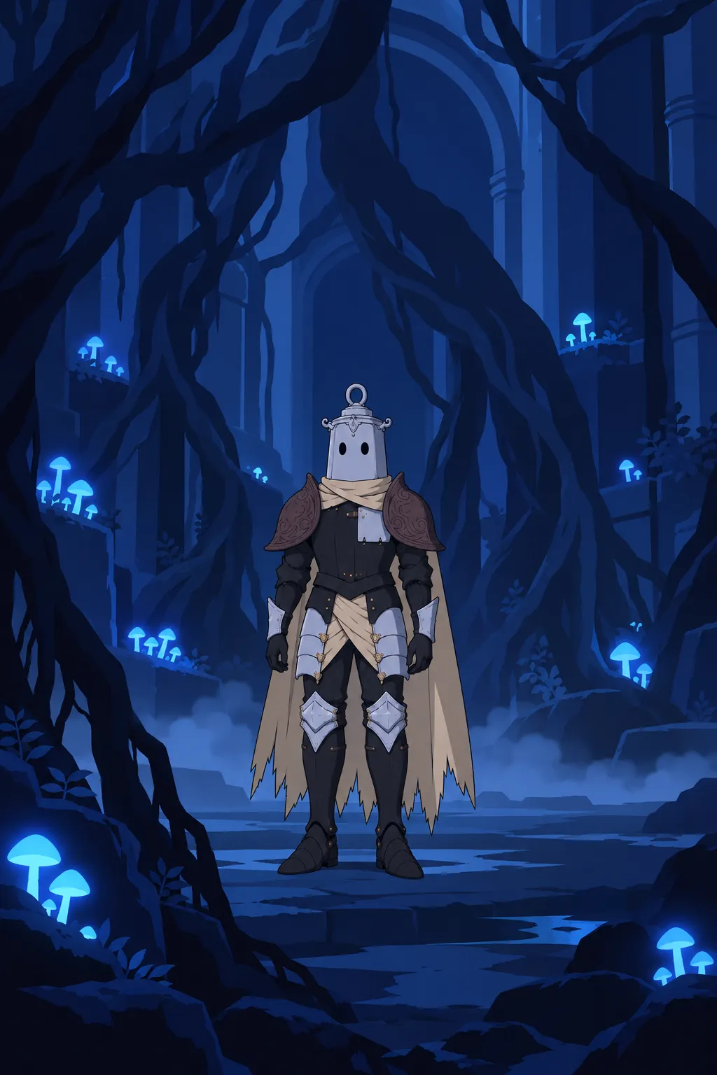 Medium full shot of Lanterne standing alone and still in his full armour, surrounded by roots and blue glowing mushrooms.