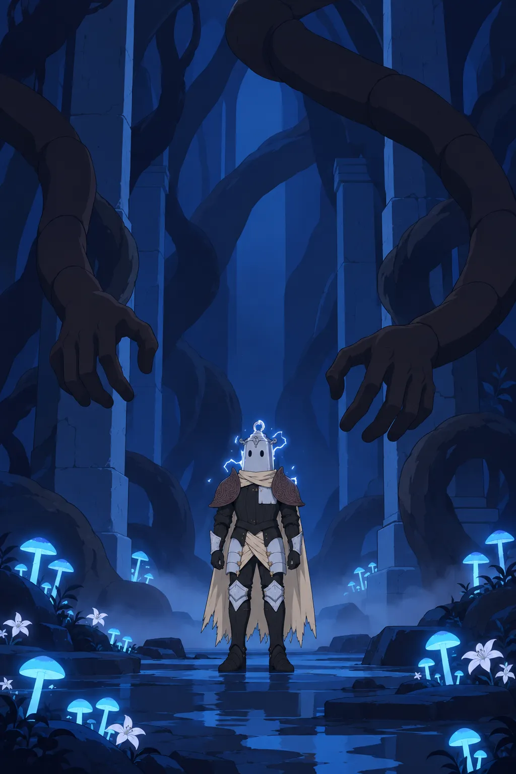 Lanterne stands still and small facing forward among ancient stone pillars and colossal dark roots forming an arch overhead.