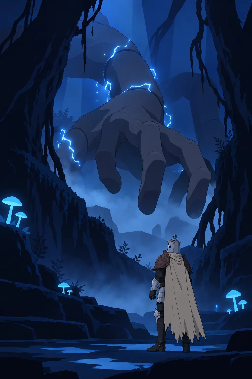 A fragment glimpsed first: one huge dark twisted hand, smooth and pale.