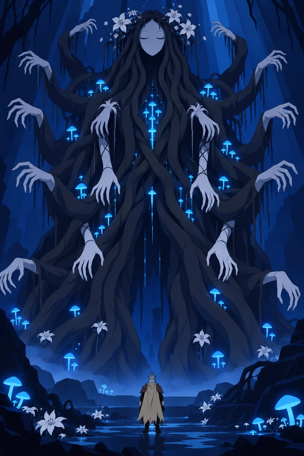 The full reveal: a colossal humanoid figure made entirely of dark twisted roots and dozens of pale smooth hands rises filling the whole…