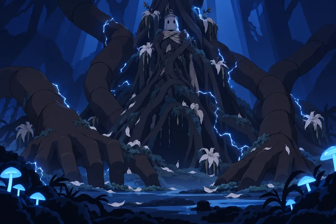 Detail before the movement: the base of the root-figure's dark mass low and dormant near the ground.