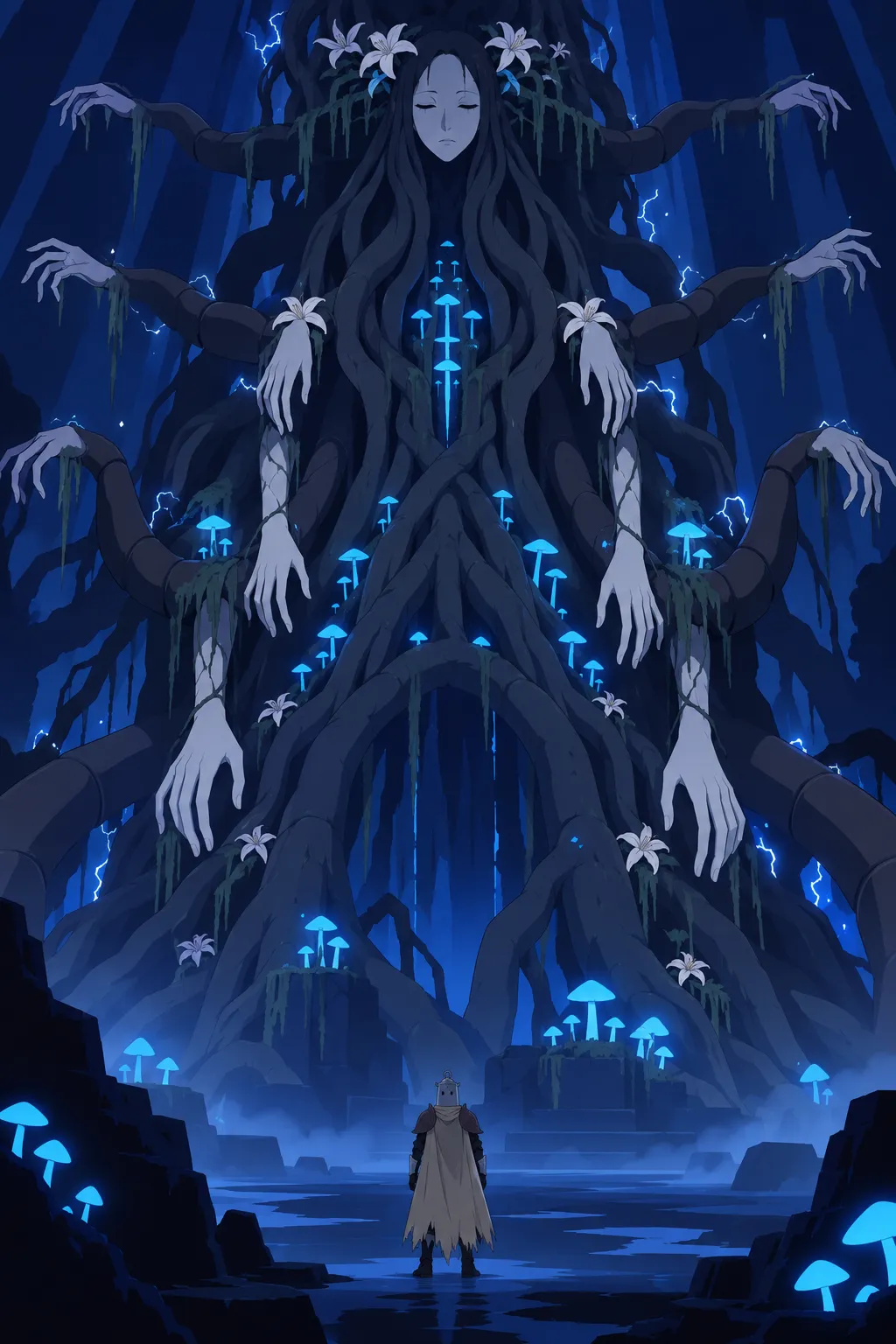 The colossal root-figure stands fully revealed and still, its many pale hands spread wide and motionless on both sides.