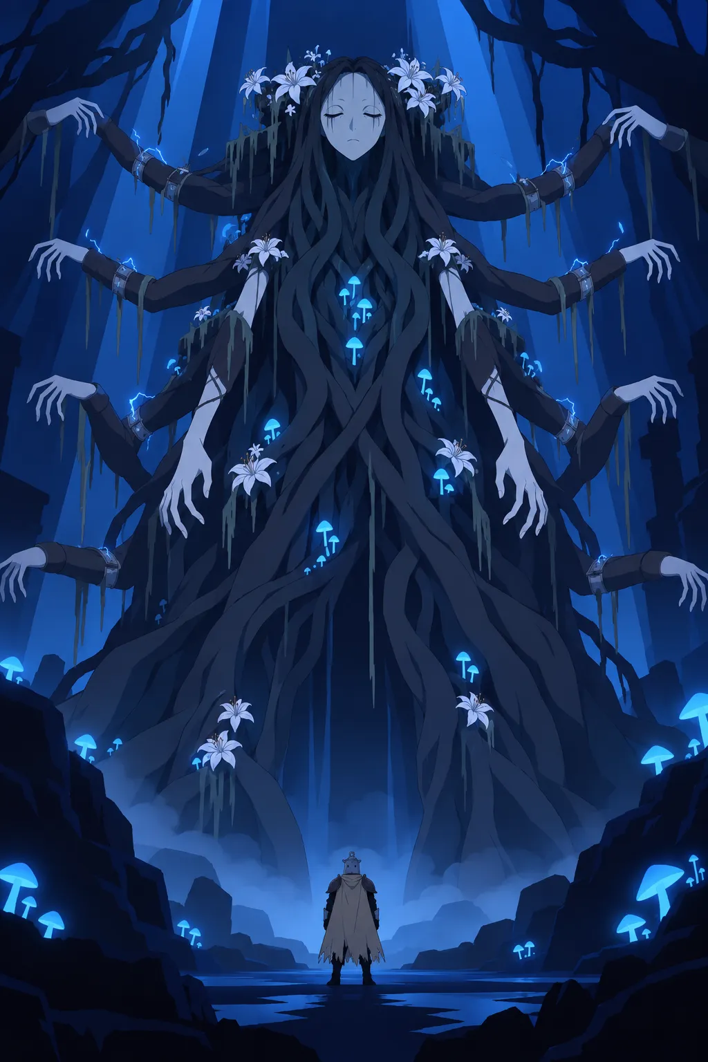 The root-figure now stands at its full colossal height, face crowned with white flowers high above.