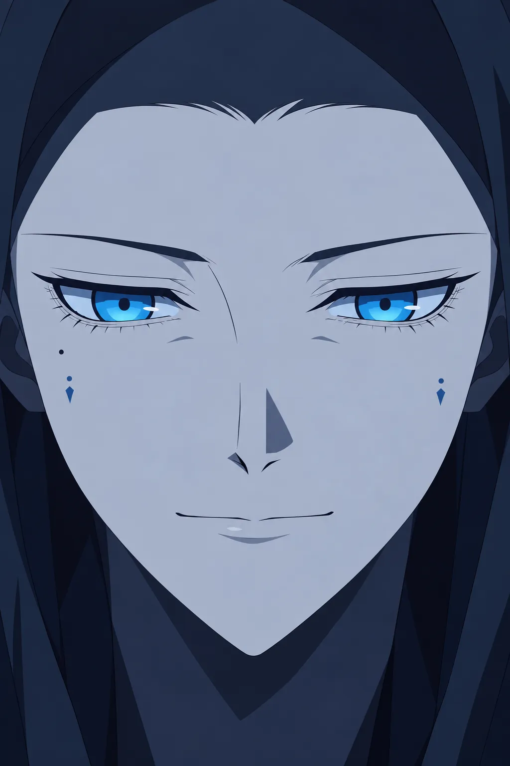 Extreme close-up on a highly detailed pale grey-blue face filling the entire frame.