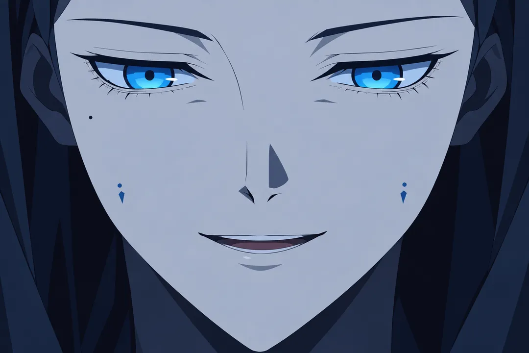 Close on the same face, the mouth now visibly opening into a thin, knowing smile, eyes still fixed downward.