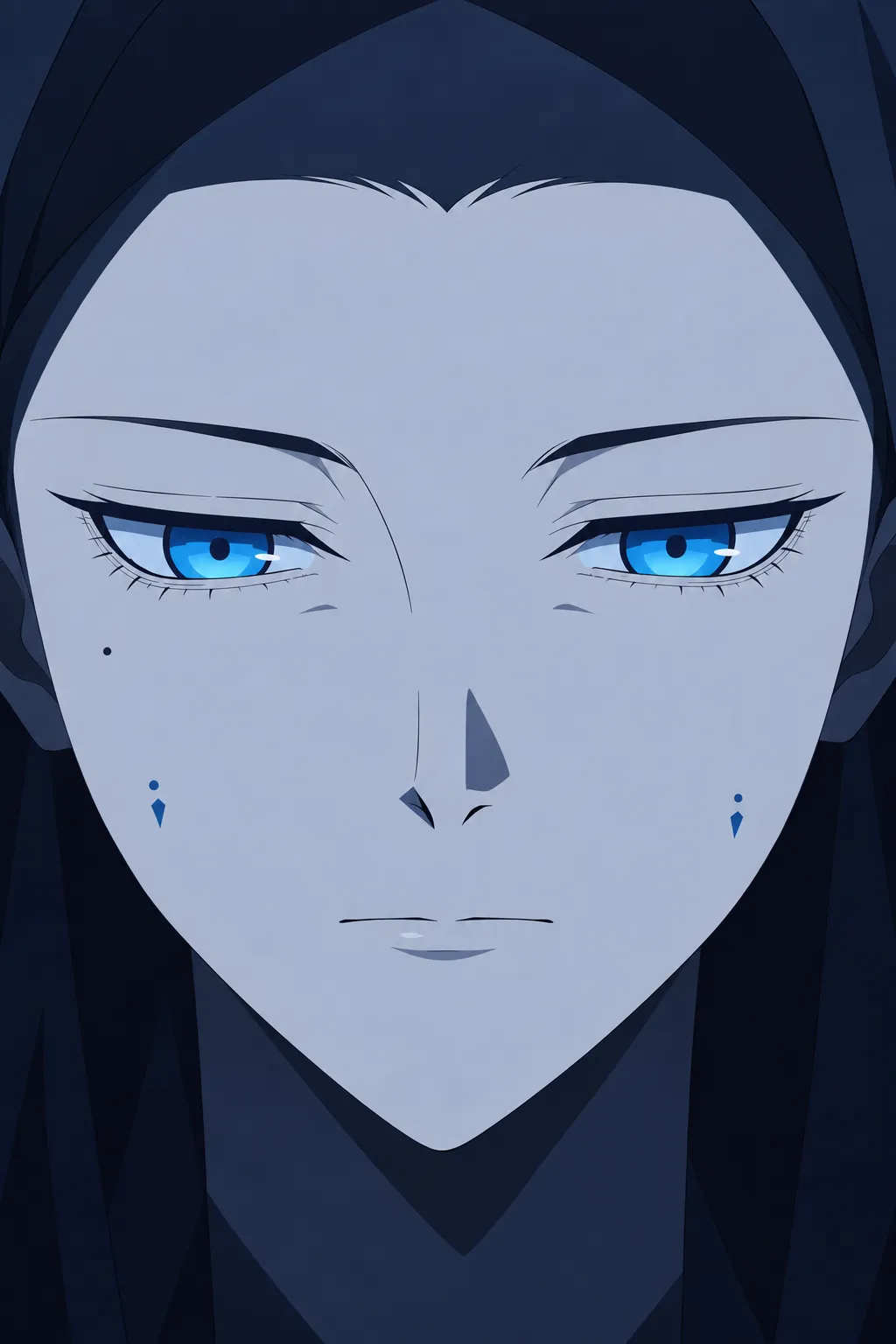 Extreme close-up on the same pale grey-blue face, the smile gone, mouth closed and still.
