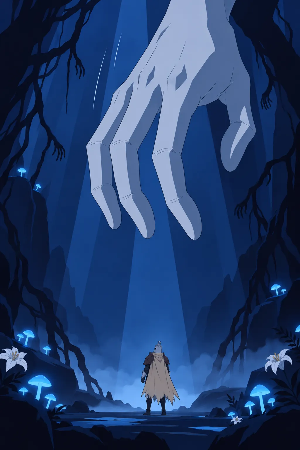 Wide low shot in the underground blue forest: a colossal pale bluish hand with long slender fingers descends slowly out of the darkness…