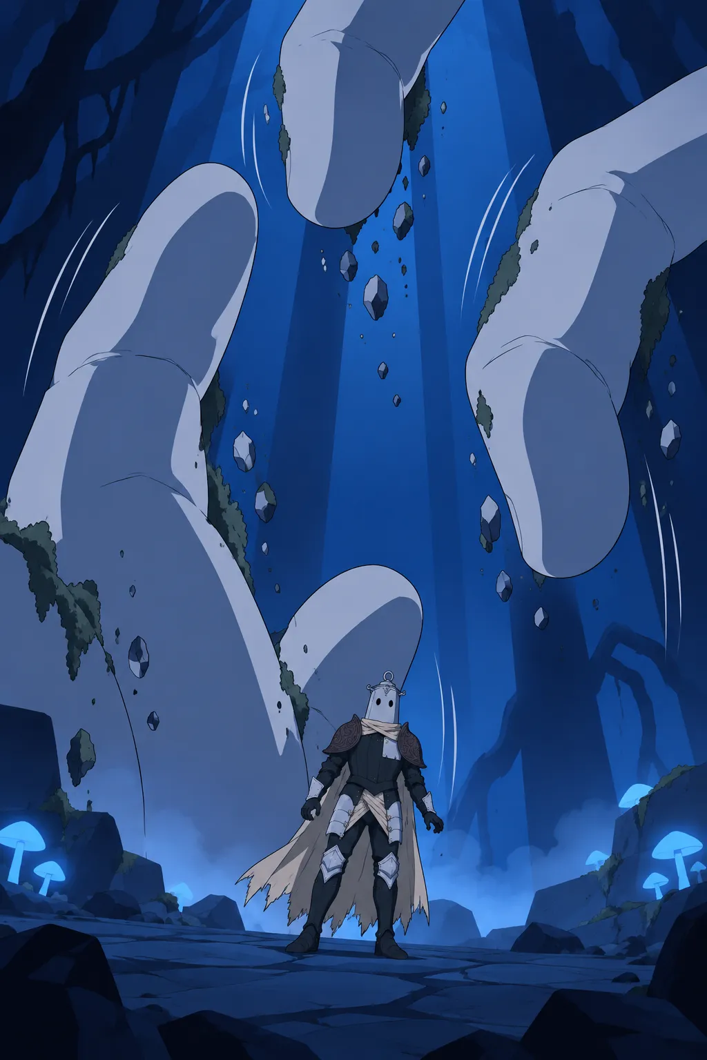 Close on Lanterne from a low angle as the giant hand's fingers unfold and lift off the ground around him.