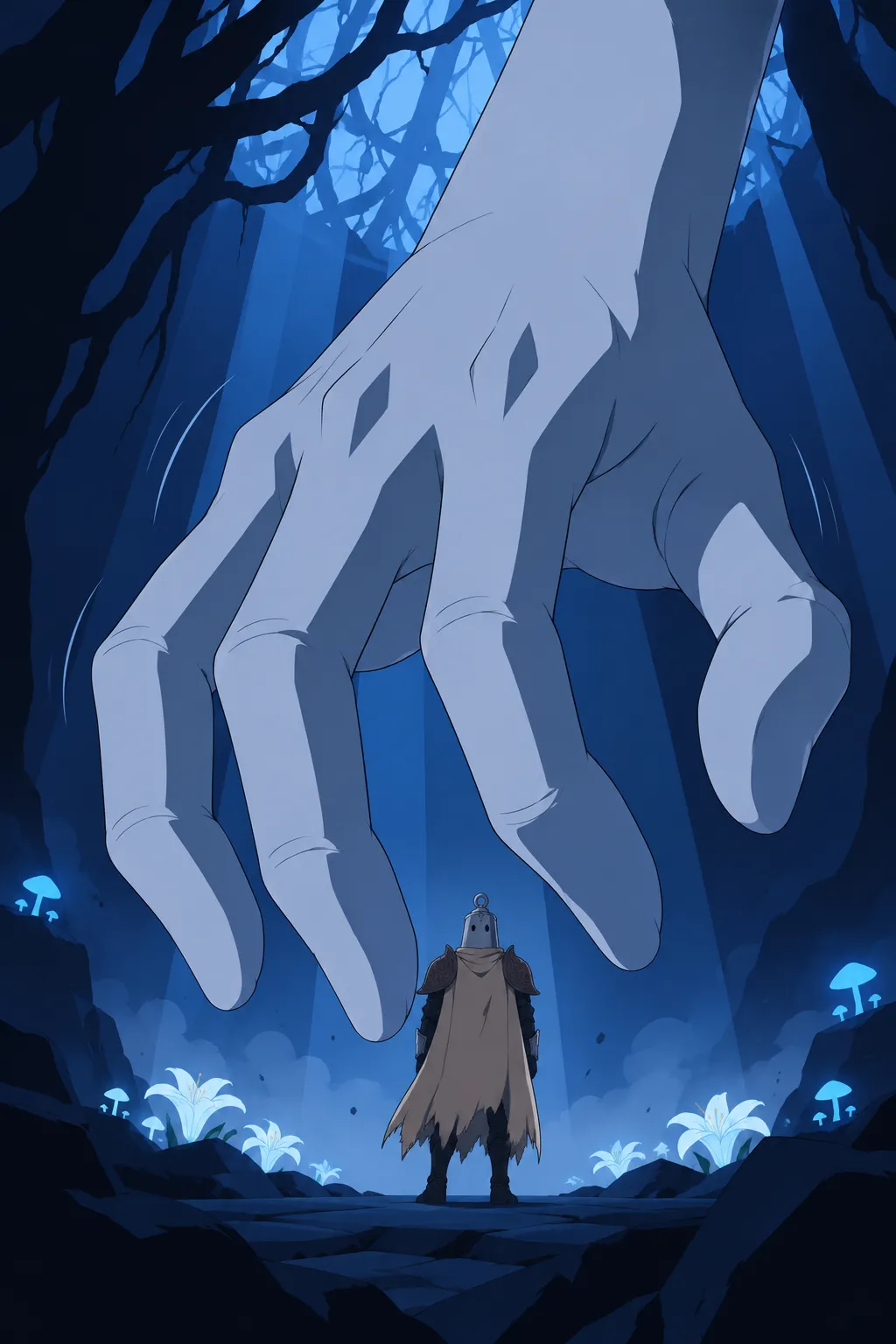 Seen from behind Lanterne, the giant hand now stands at its full height, fingers curled almost enclosing him.