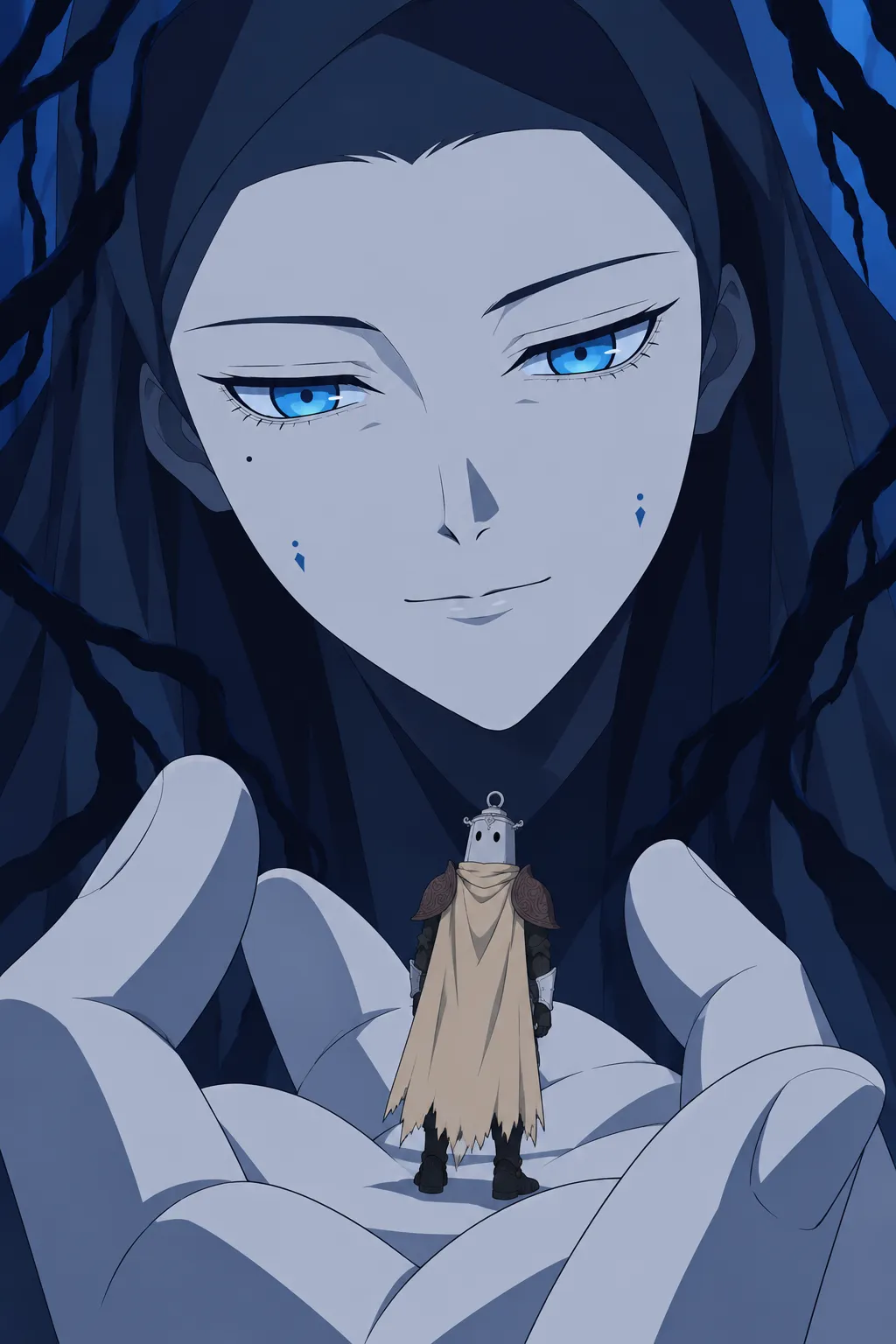 Extreme close-up on the colossal pale-faced blue-eyed being, long pale hair framing dark twisted roots behind.