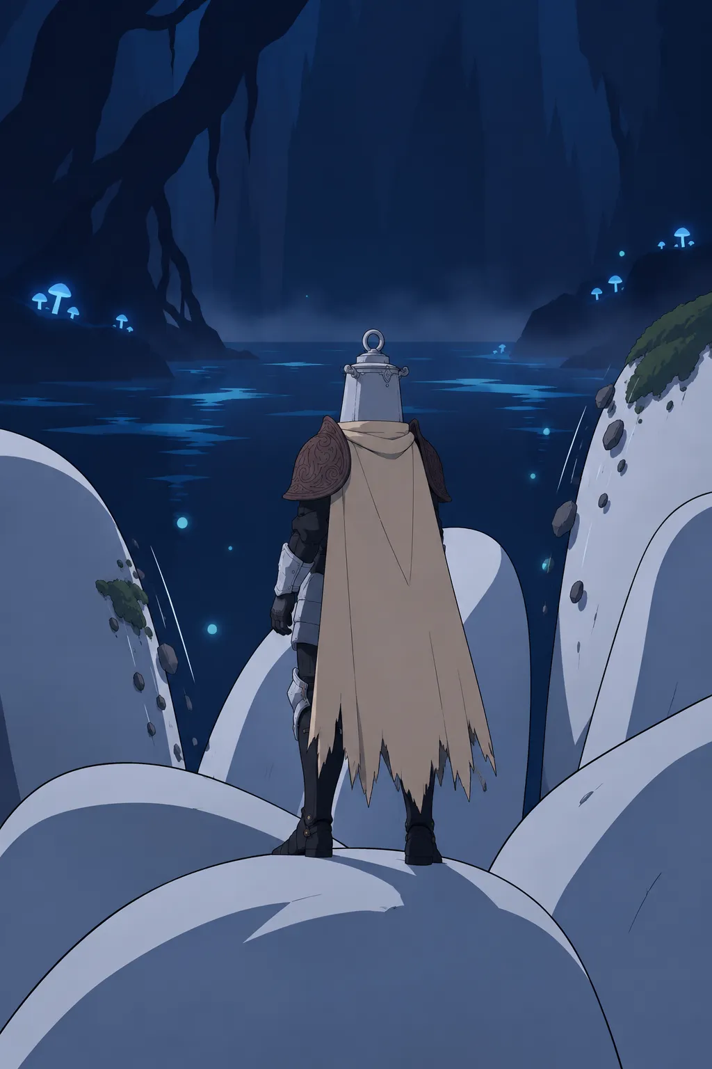 Lanterne stands with his back to camera on a cluster of large pale rounded shapes, dark blue water or mist glinting beyond him.