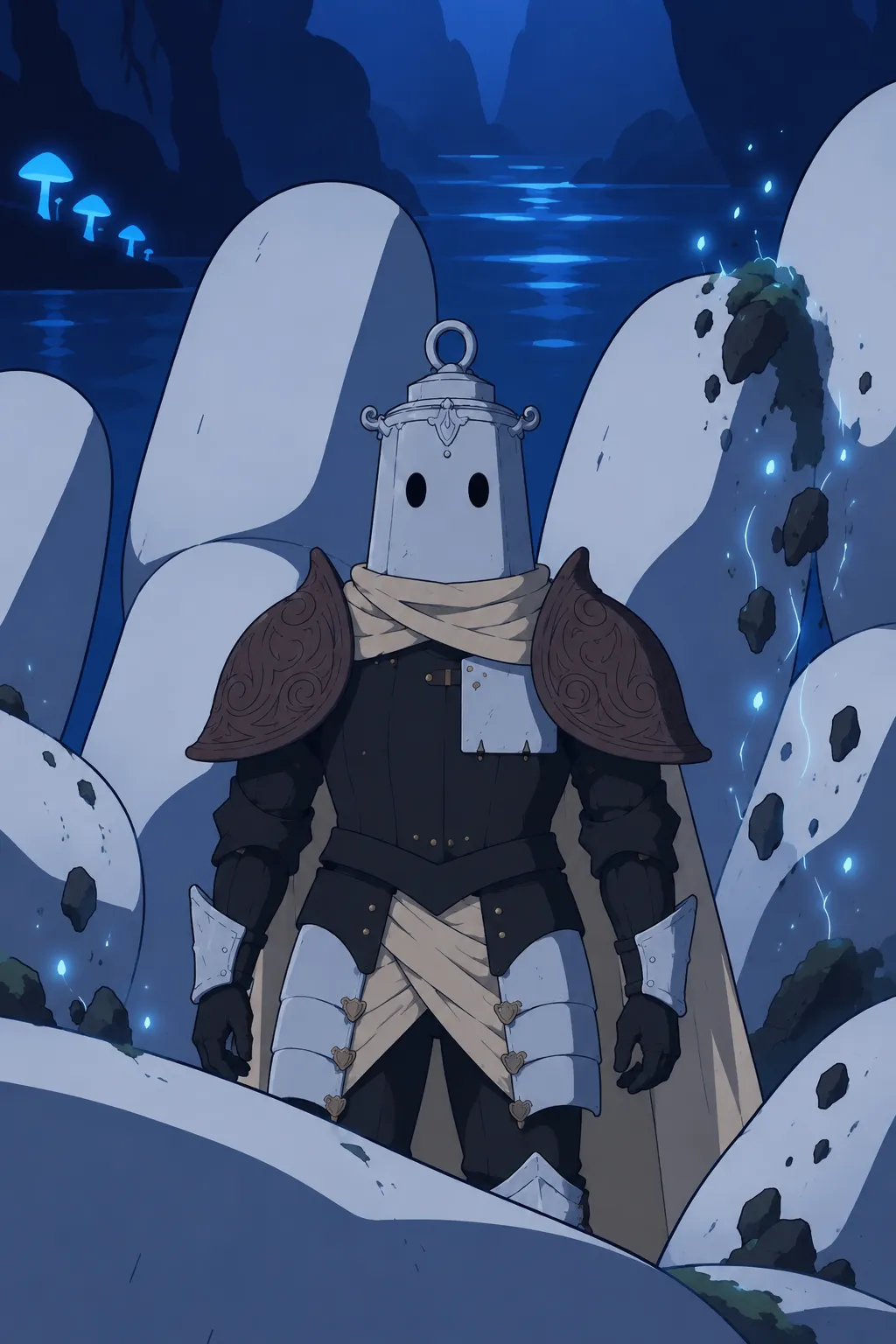 Medium shot of Lanterne standing among the large pale rounded shapes that form the being's cupped fingers seen up close.