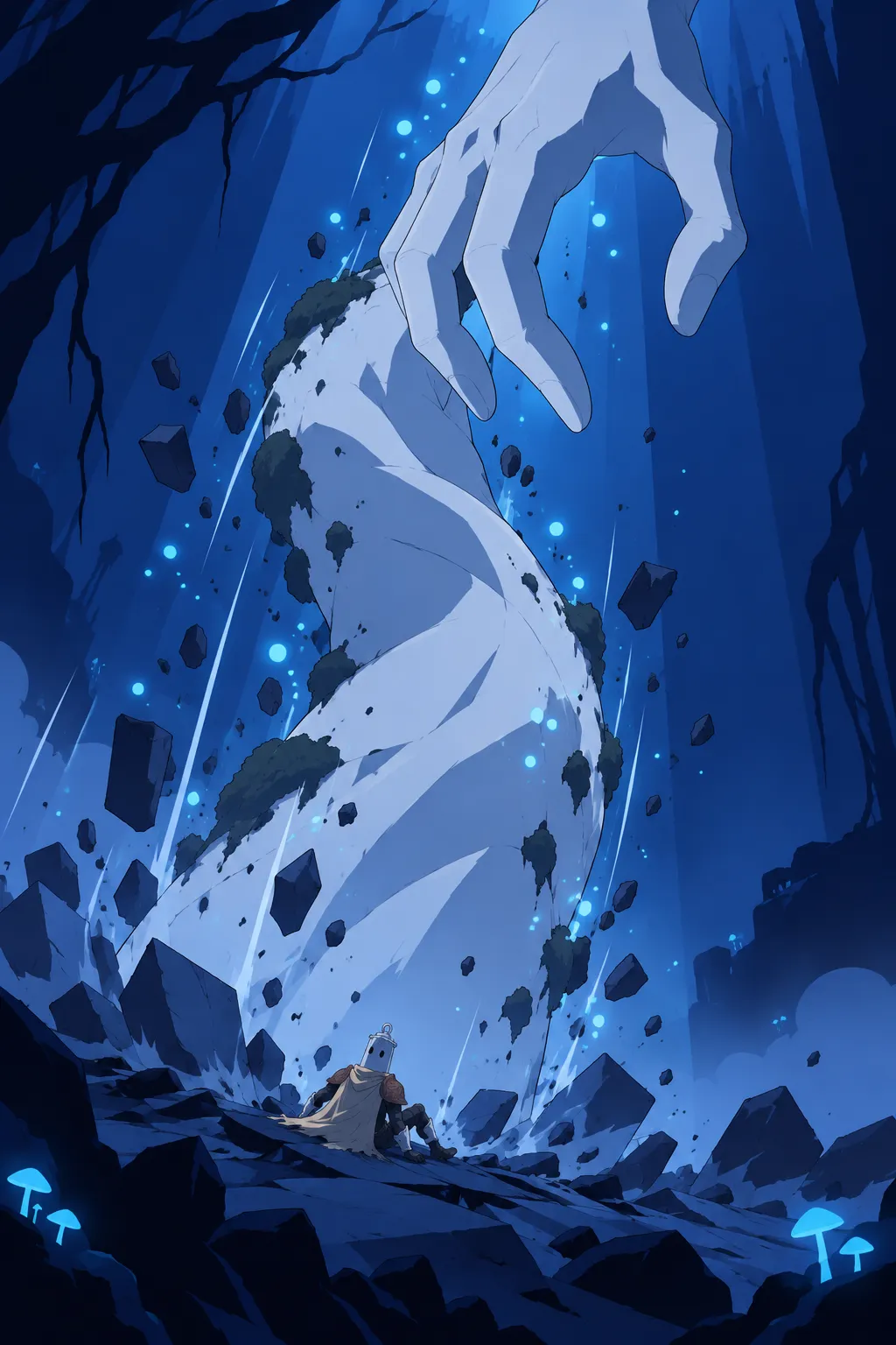A colossal pale twisting form surges upward out of the cracked ground beside Lanterne, glowing particles drifting along its length.