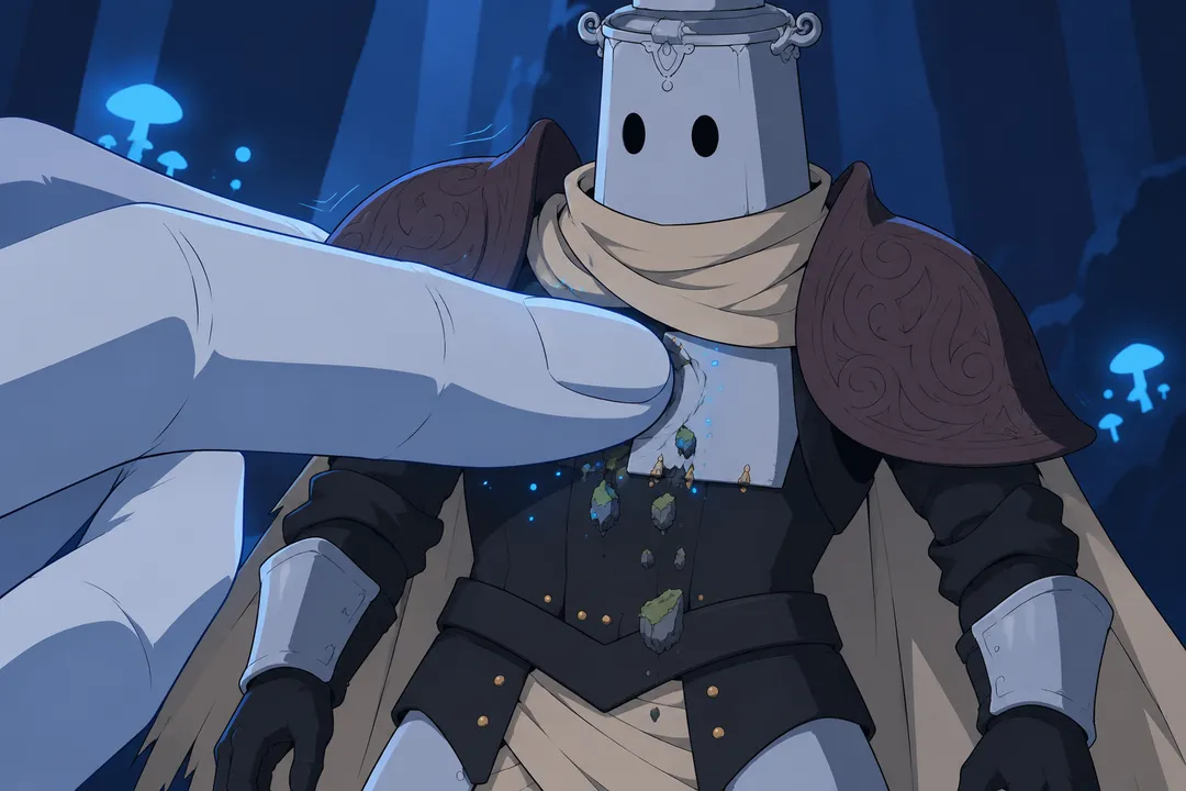 Extreme close-up on Lanterne's chest plate as the enormous pale fingertip presses gently against the pale metal plate.