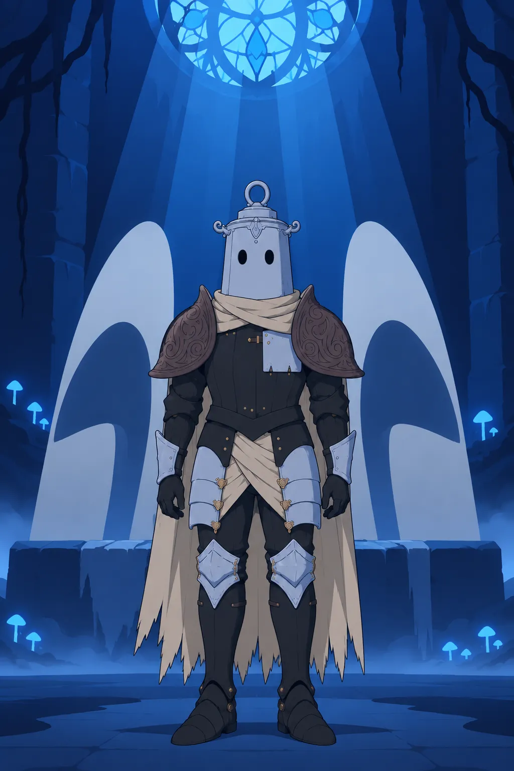 Lanterne stands still facing the camera, framed between two large pale petal-like shapes behind him.