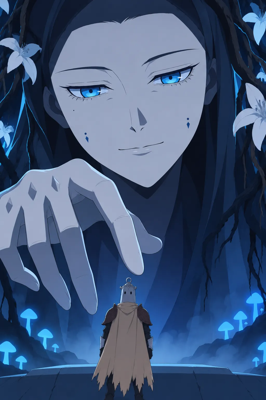 The pale-faced being's face fills the frame, looking down and speaking softly, framed by glowing blue mushrooms.